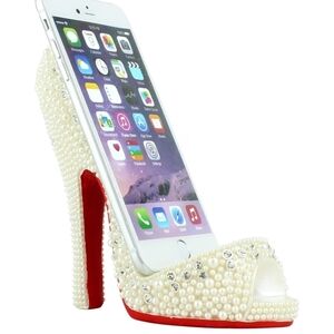 Sparkling Pearls Crystal Red Bottom Shoe Cell Phone Holder White